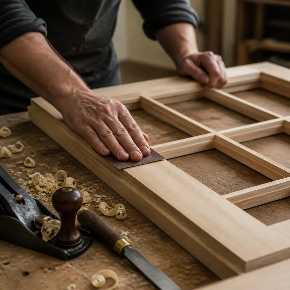 Craftsman hand-finishing a timber window frame in a joinery workshop