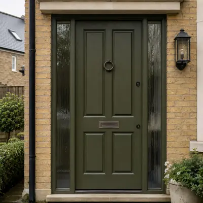 Olive green timber entrance door with reeded glass sidelights on a yellow brick house