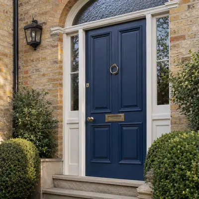 Navy blue timber entrance door with arched fanlight and sidelights