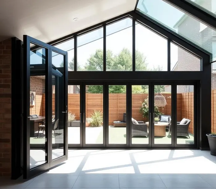 Large glazed bifold doors opening from a modern extension onto a garden