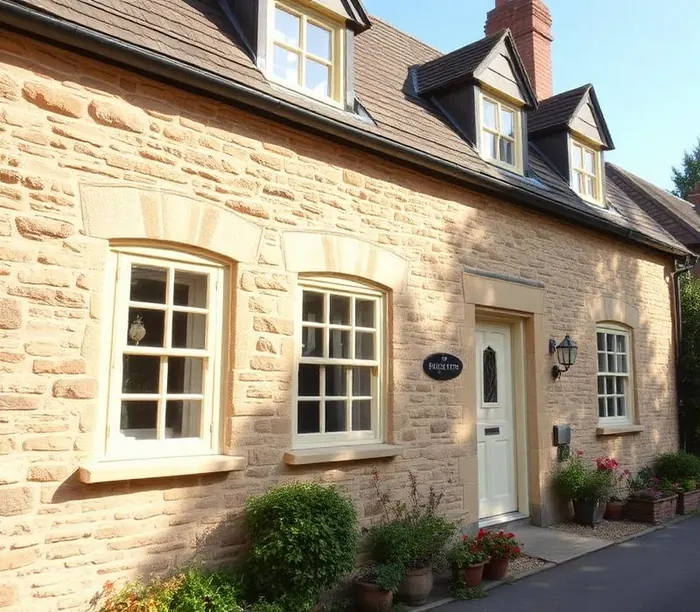Cream timber casement windows on a stone cottage