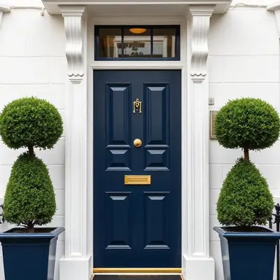 Navy timber entrance door with brass hardware on a white Georgian townhouse