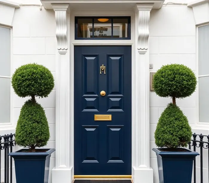 Navy timber entrance door with brass hardware on a white Georgian townhouse