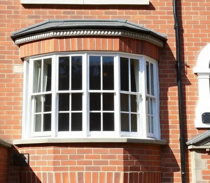 White timber sash bay window on a red brick British house