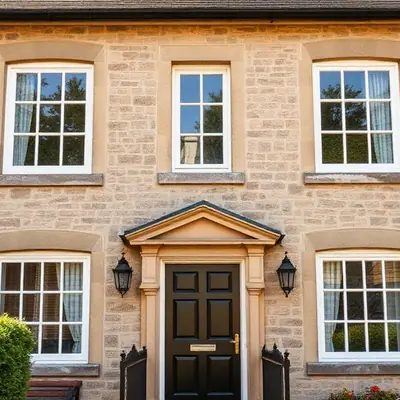 Stone house with a dark timber entrance door and matching joinery