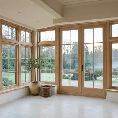 Oak timber windows and glazed garden doors in a country garden room